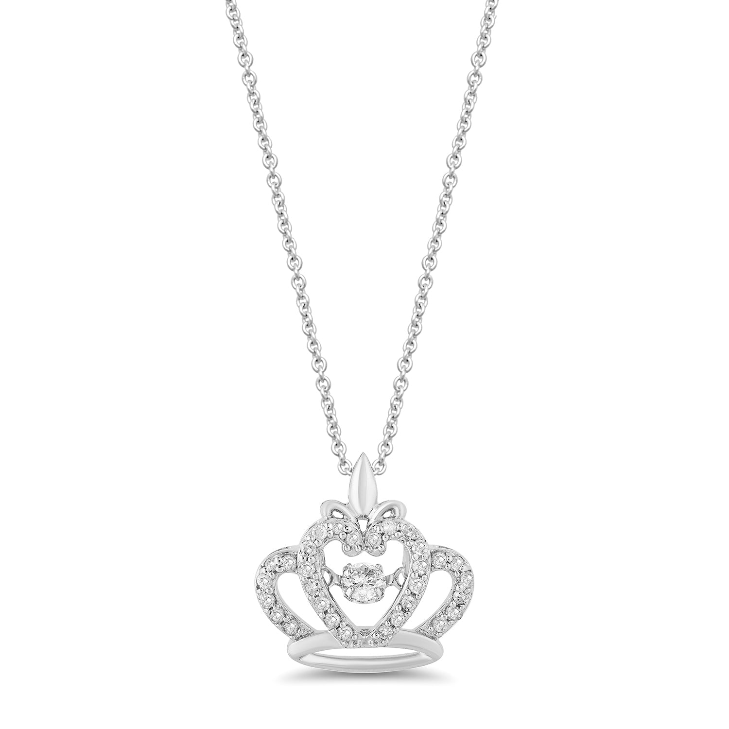 Enchanted Disney Fine Jewelry Sterling Silver With 0.25 CTTW Diamond Majestic Princess Crown Twinkling Pendant Necklace