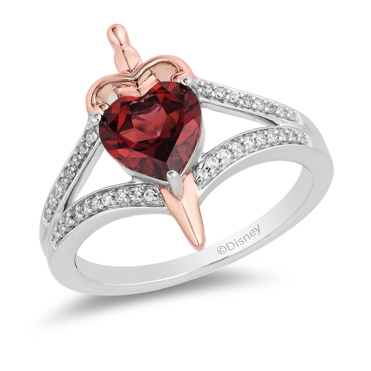 Enchanted Disney Fine Jewelry Sterling Silver and 9K Rose Gold with 0.10 CTTW Diamond with Red Garnet Evil Queen Ring