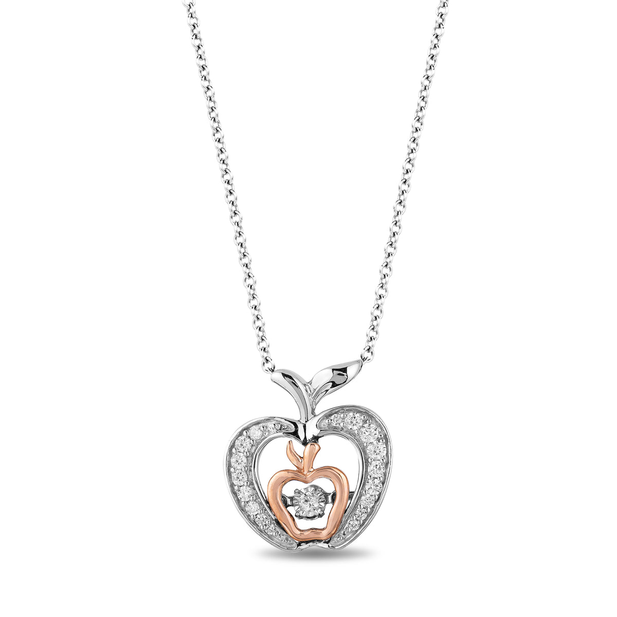 Enchanted Disney Fine Jewelry Sterling Silver and 9K Rose Gold with 0.20 CTTW Snow White Apple Pendant Necklace