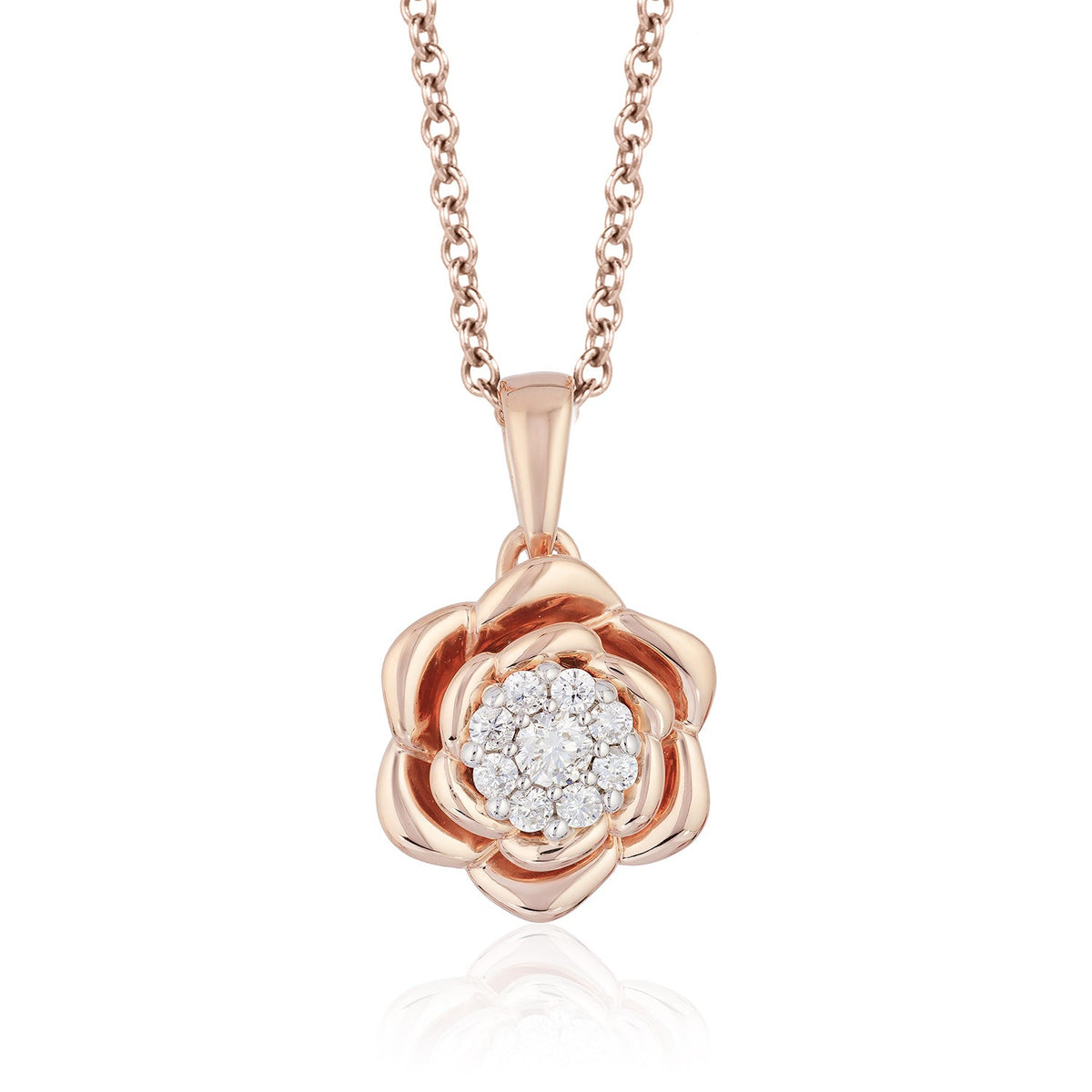 Enchanted Disney Fine Jewelry 14K Rose Gold with 0.16 CTTW Belle Rose Pendant Necklace