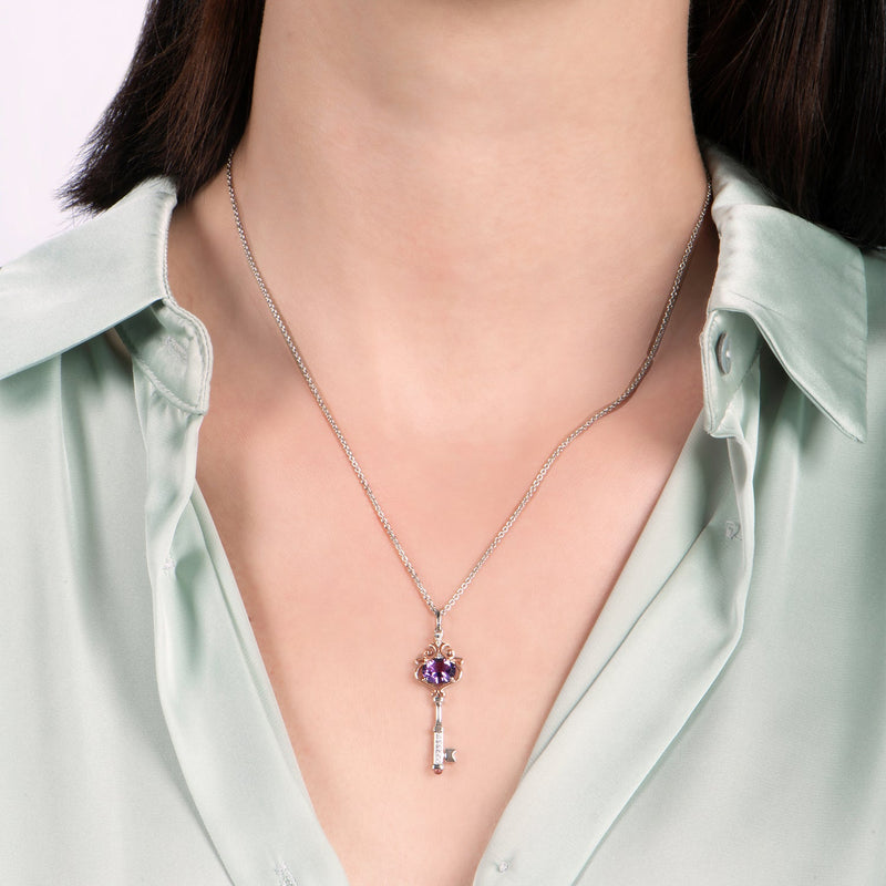 enchanted_disney-cinderella_fine_jewelry_sterling_silver_and_9k_rose_gold_0_05_cttw_diamond_with_amethyst_and_pink_tourmaline_stepsisters_key_pendant_necklace_0.05CTTW_2