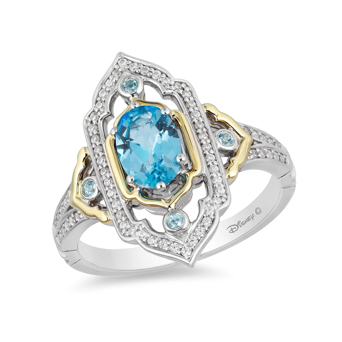 Enchanted Disney Fine Jewelry Sterling Silver and 9K Yellow Gold CTTW Diamond and Swiss Blue Topaz Jasmine Ring