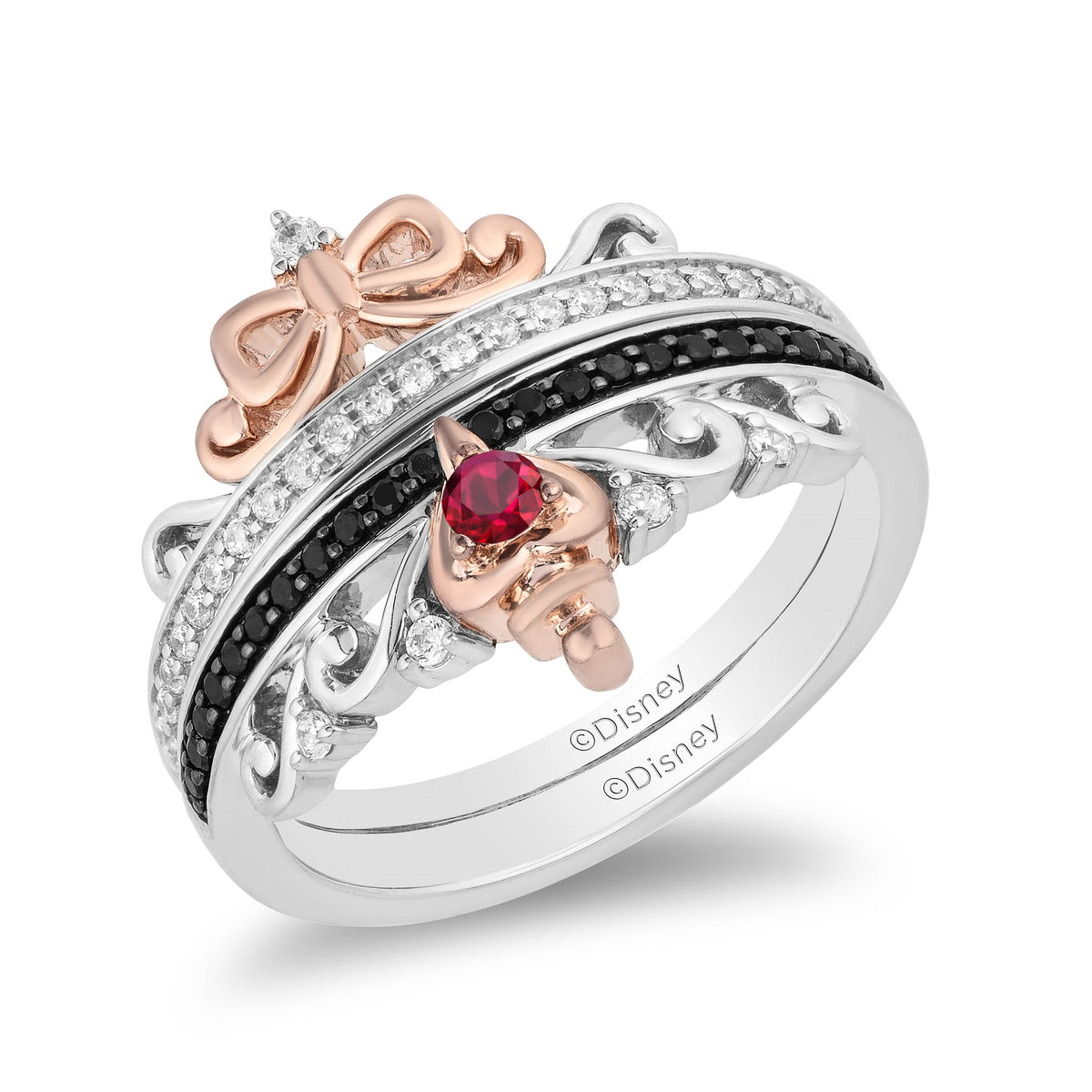 Enchanted Disney Fine Jewelry Sterling Silver and 9K Rose Gold with CTTW Diamond and Ruby Snow White and Evil Queen Duo Ring Set