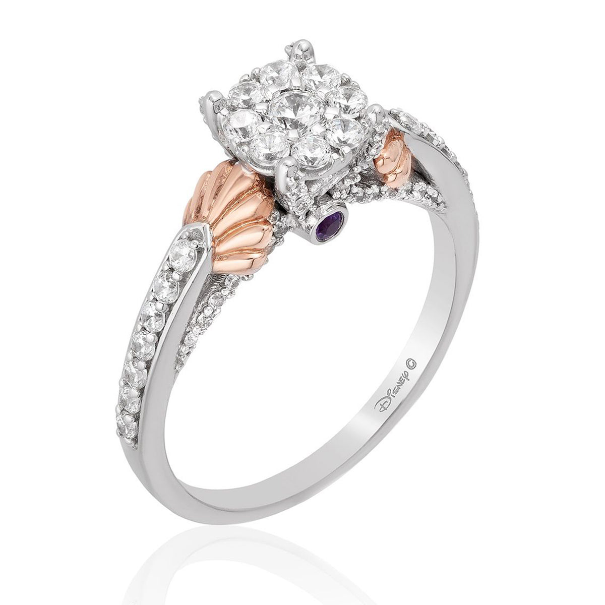 Enchanted Disney Fine Jewelry 14K White Gold and Rose Gold with CTTW Diamond and Amethyst Ariel Shell Composite Engagement Ring