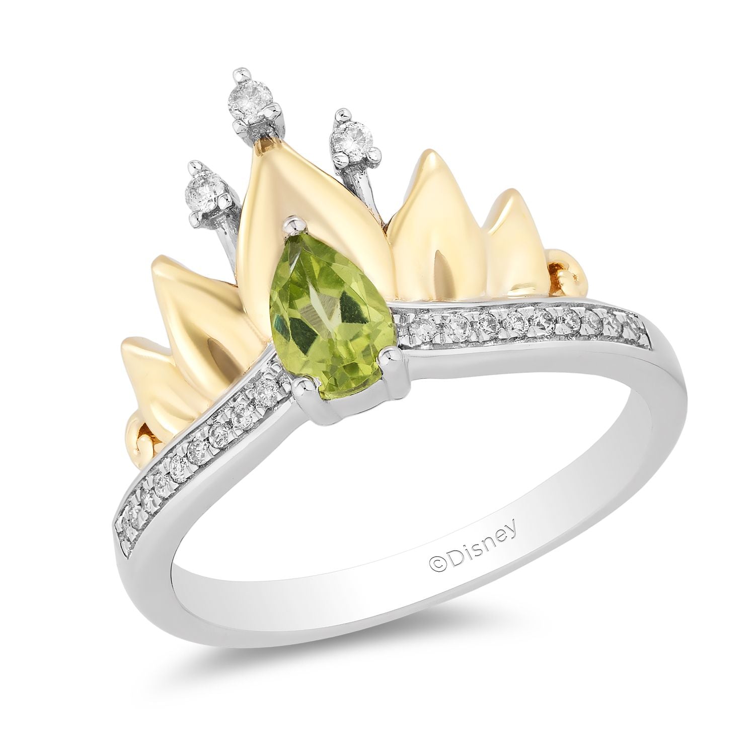 Enchanted Disney Fine Jewelry Sterling Silver and 9K Yellow Gold CTTW Diamond and Peridot Tiana Water Lily Tiara Ring
